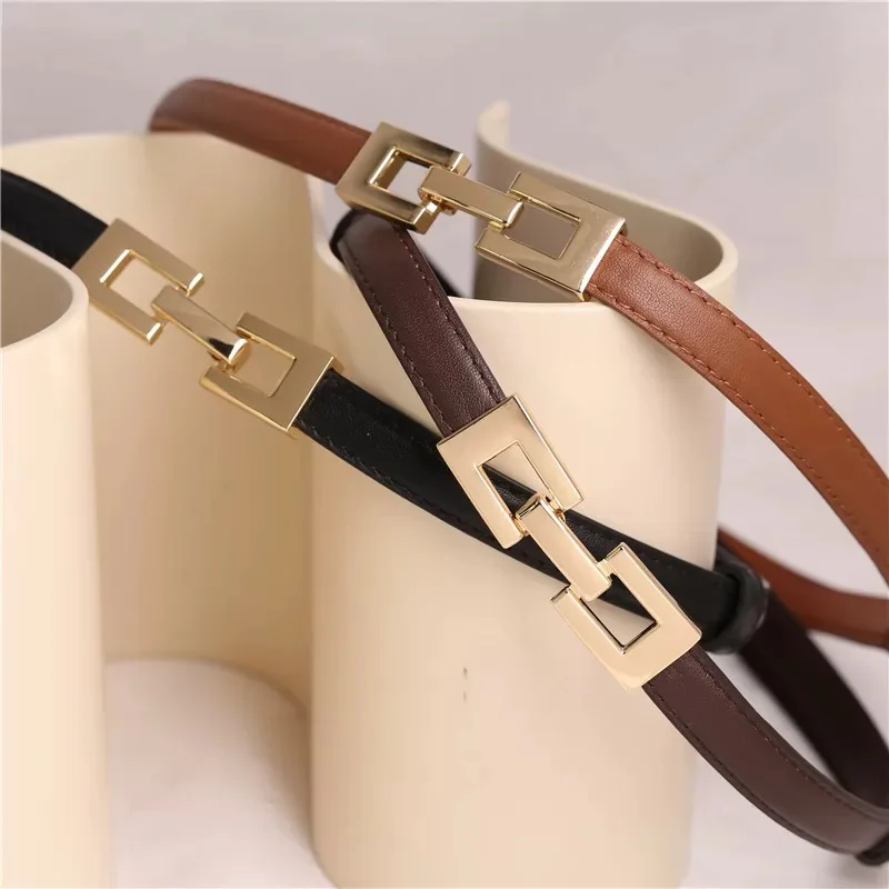 New Adjustable Thin Belts for Women Genuine Leather Skinny Belts for Dress Womens Solid Color Alloy Buckle Belts for Jeans