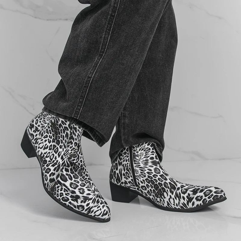 Fashion Leopard Print Pattern Leather Boots Quality Men's High Top Chelsea Boots Outdoor Street Style Youth Split Leather Boots