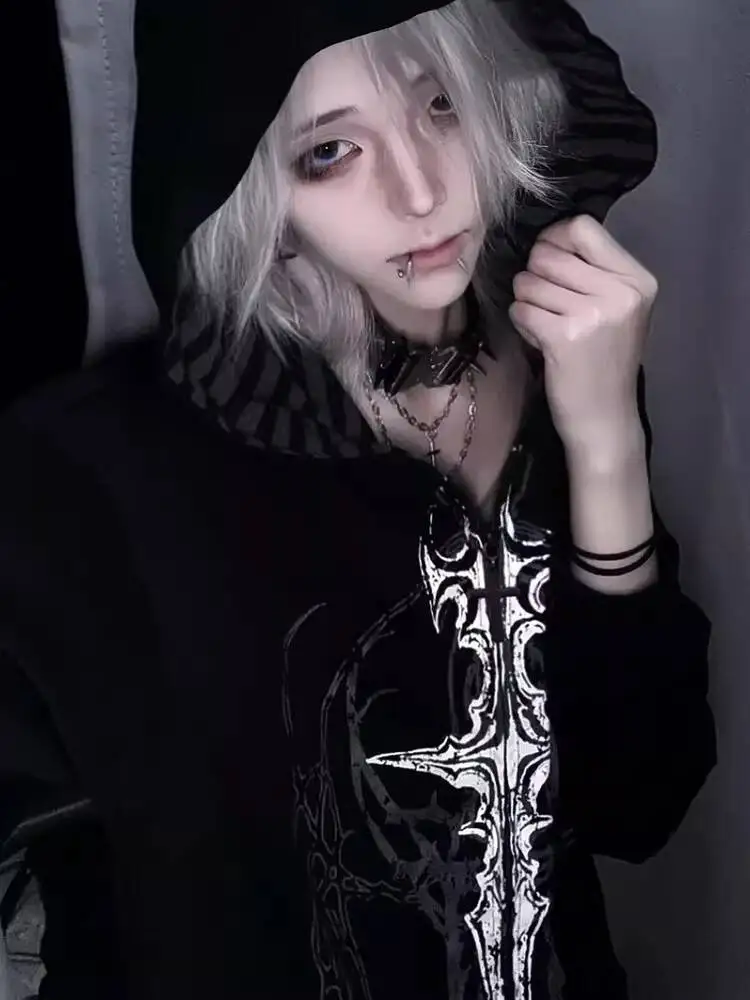 

Subculture Dark Sweatshirt For Unisex Japanese Style Gothic Punk Hooded Sweater Clothing Street Loose Genderless Jacket Coat Top