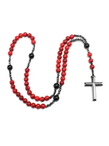 Natural 8mm Red Turquoise Beads with Hematite Cross Pendant Necklace for Men and Women