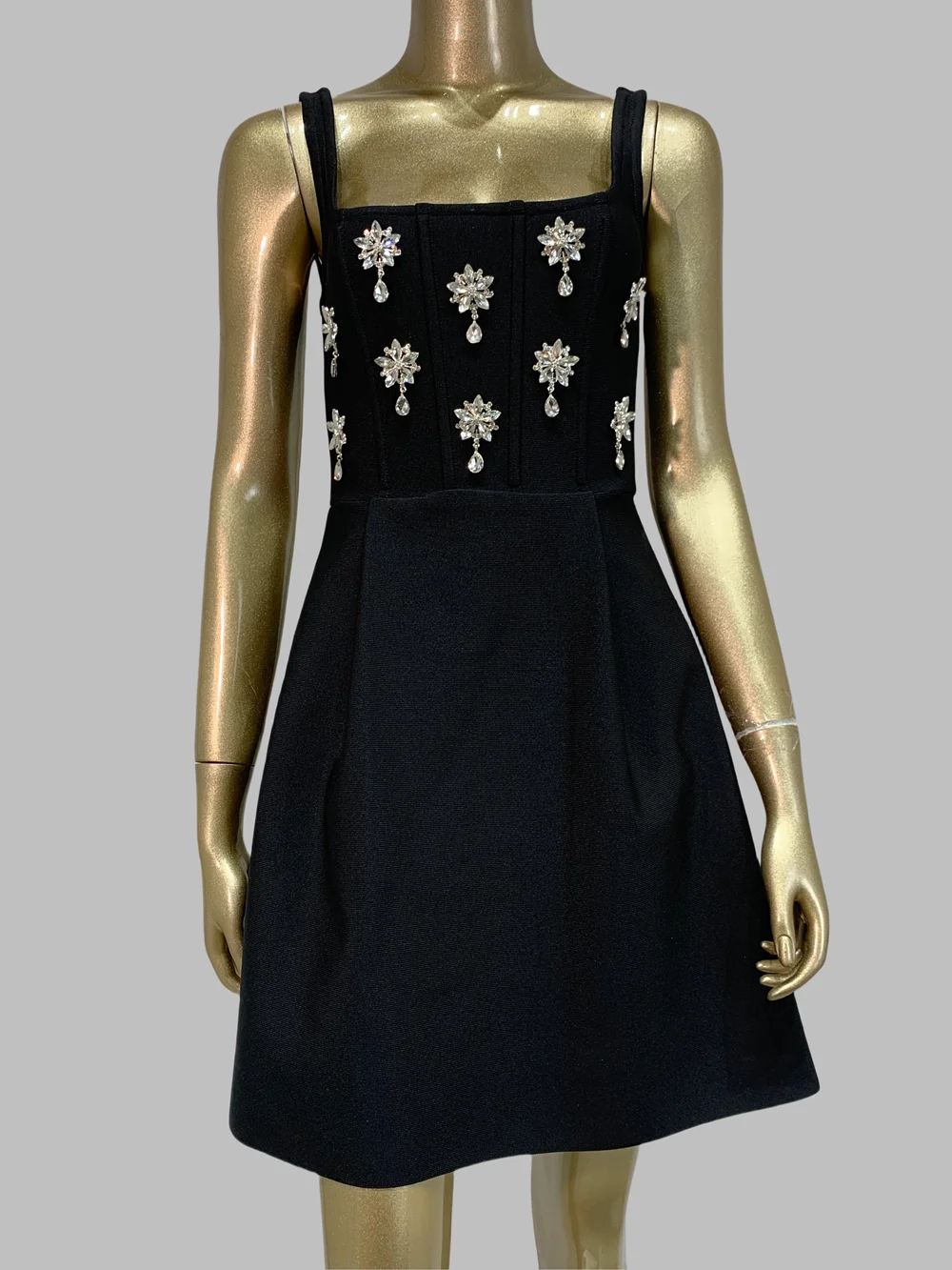 

Women Black Tank Square Collar Diamonds Flowers A Line Mini Bandage Dress High Street Graduation Dresses Party Daily Dress