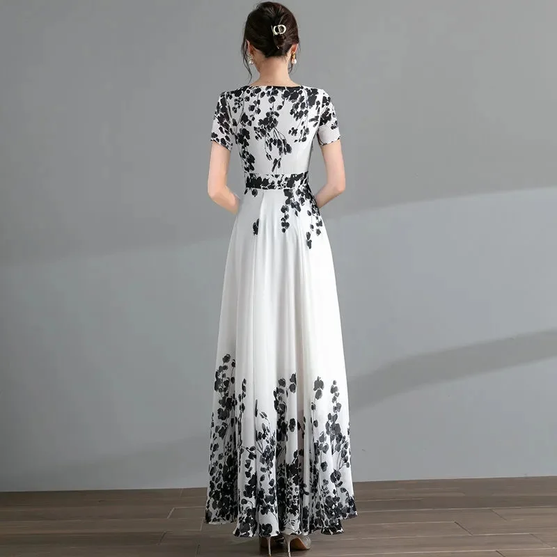 Ink Painting Long-Sleeved Chiffon Dress Women 2023 Spring Summer New Temperament Is Thin and Long Large Swing Holiday Long Skirt