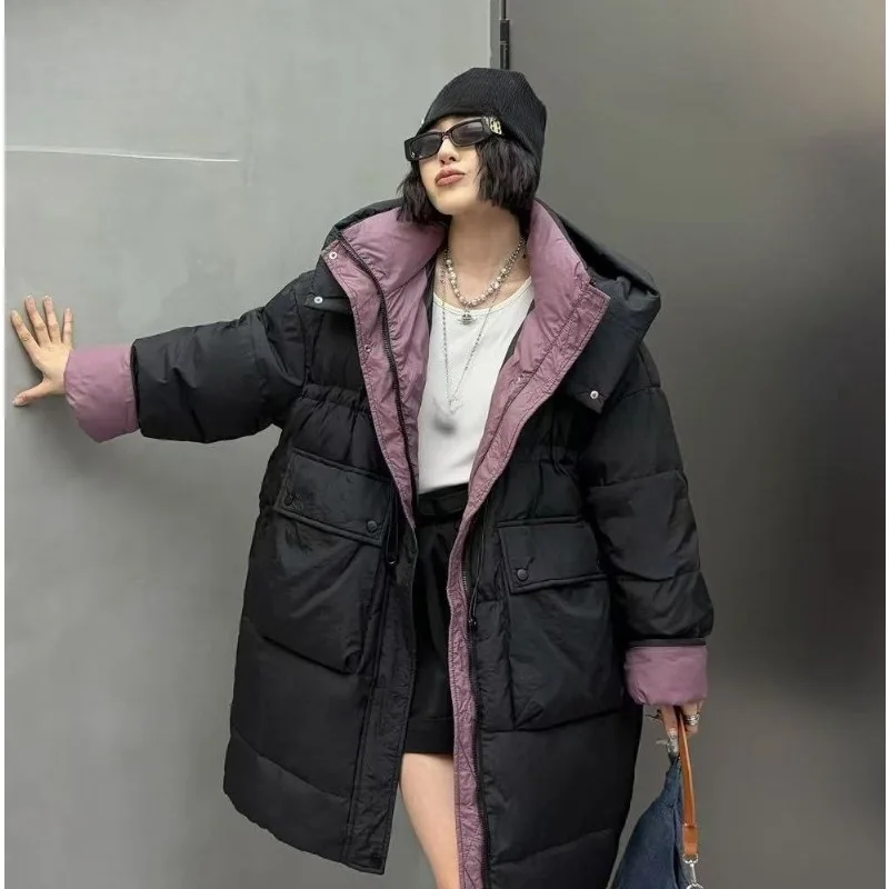 

Women's Plus-size Down Cotton Jacket Mid-length Korean-style Cotton-padded Jacket with Hat Stand-up Collar Thick Loose Outcoat