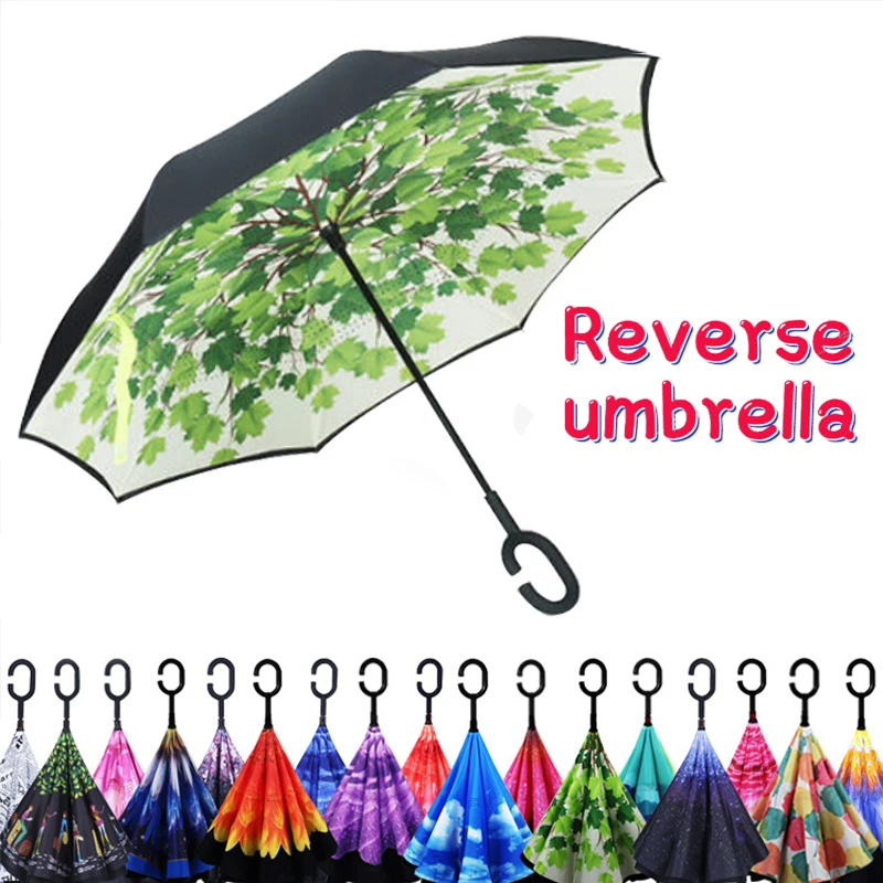 Long Shank Double Layer Inverted Umbrella Windproof Reverse C-Hook Male Golf Umbrella Reverse Umbrellas For Car Birthday Gift