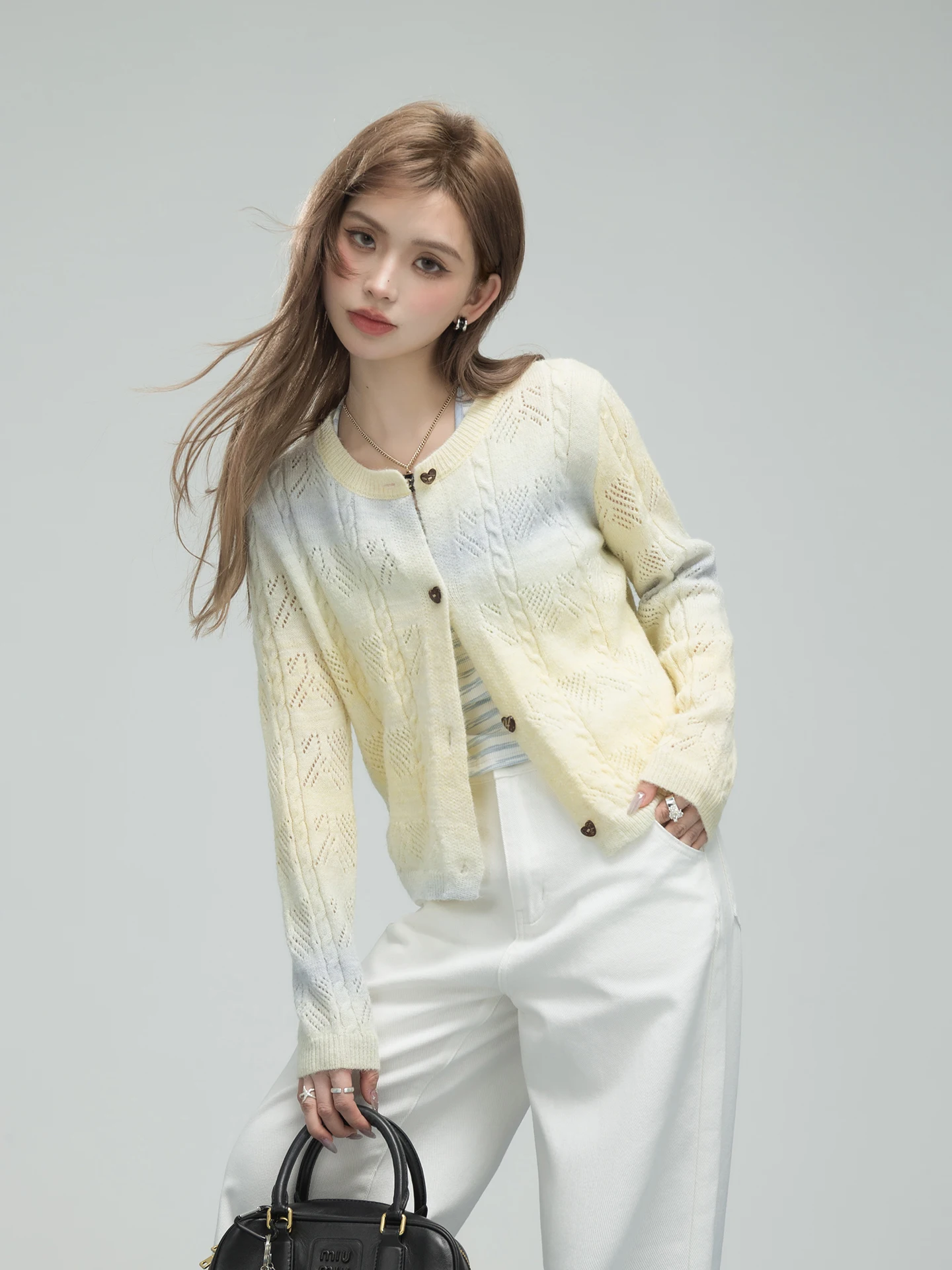 Cárdigan Abierto de Lana de Oveja ONEOFUUU, Degradado de Color Arándano y Queso, Tejido Calado, Suave, Casual, Holgado, Moda Femenina para Primavera