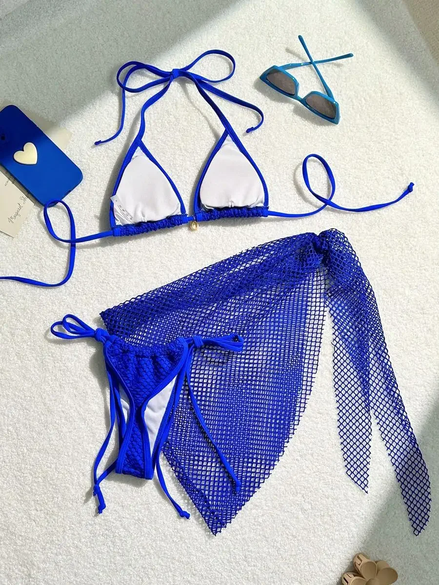 3 peças maiô sólido feminino triângulo biquíni 2025 sexy malha banho feminino natação verão beachwear