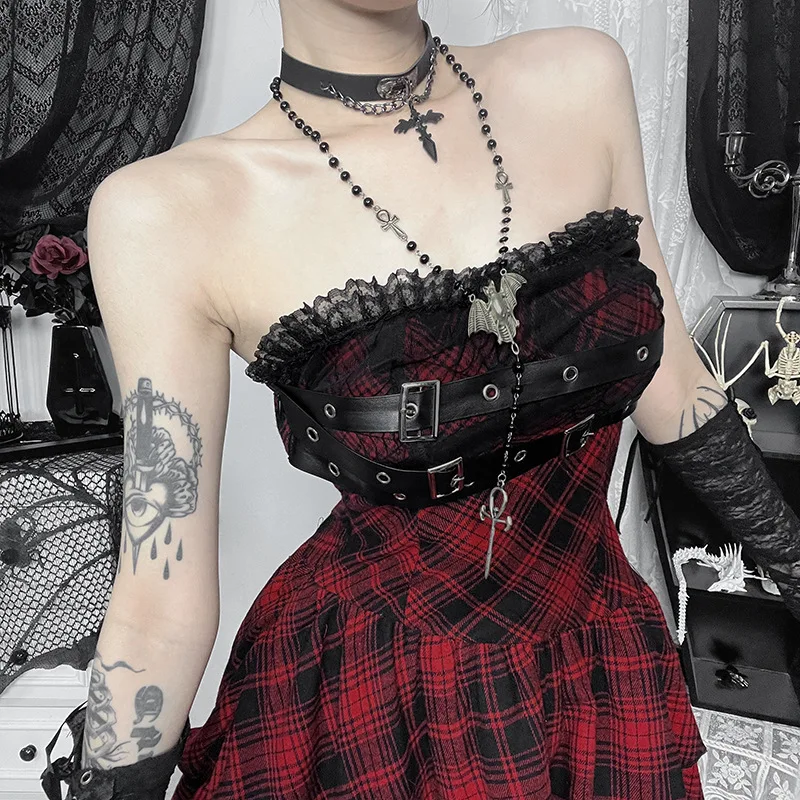 Goth Dark Mall Gothic Plaid Print Strapless Mini Dress Kwawaii Halloween Party Gown Women Punk Lace Patchwork Slim Cake Dresses