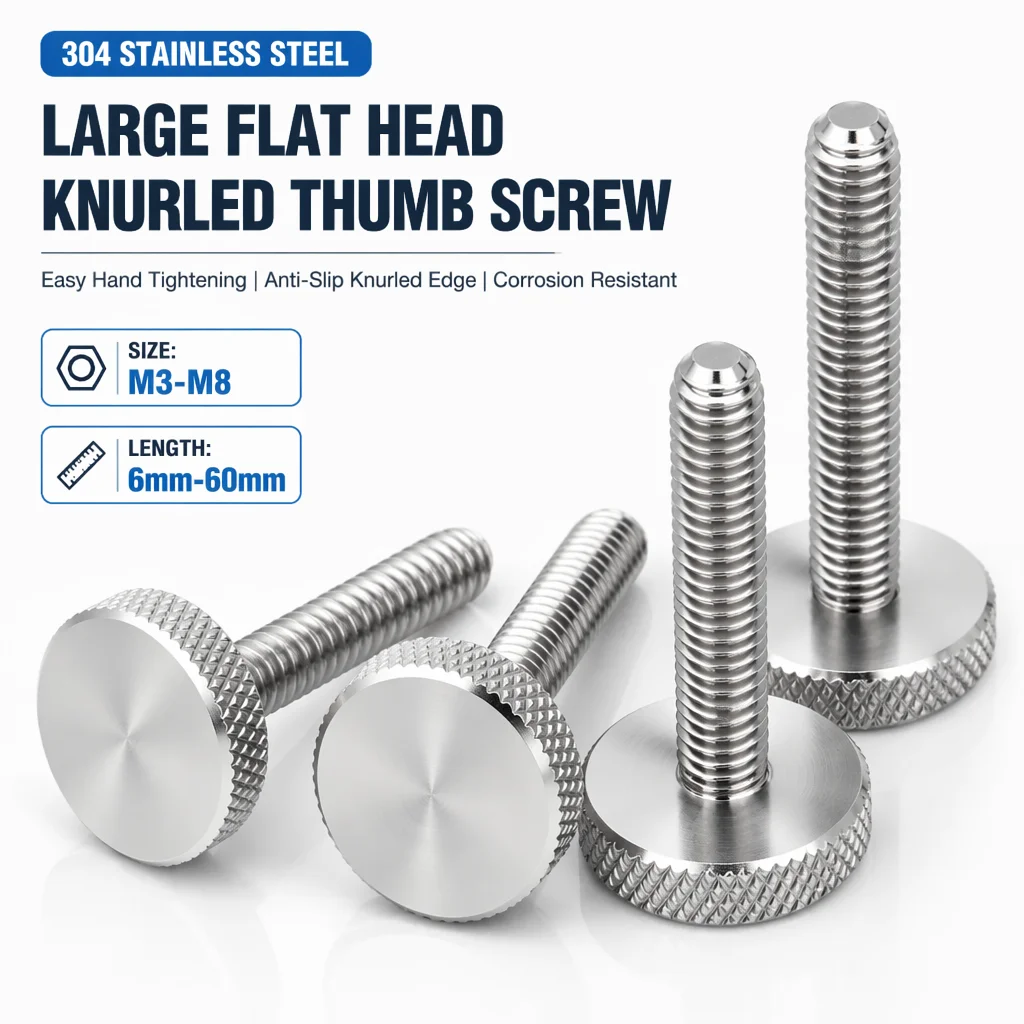 M3 M4 M5 M6 M8 M10 GB835 304 Stainless Steel Knurl Flat Round Head Hand Tighten Curtain Wall Glass Thumb Screw Bolt DIN653