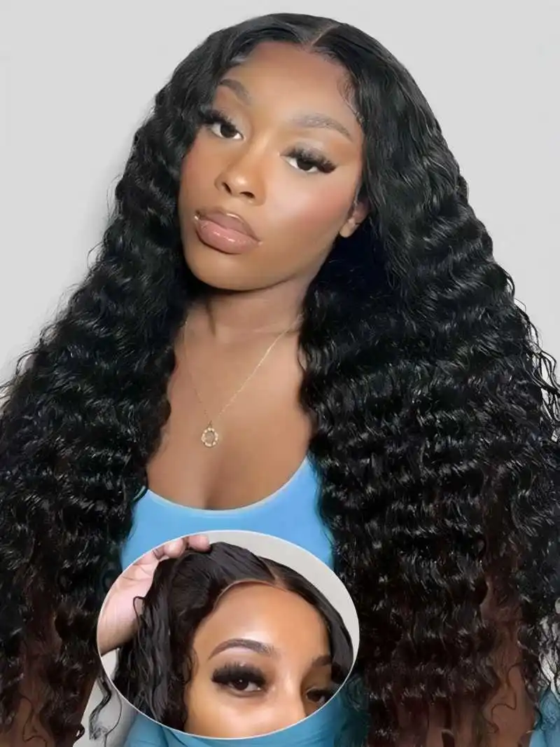 

4x4 Lace Closure Glueless Wigs Human Hair Pre Plucked Pre Cut Reay to Wear and Go 100% Raw Human Hair Deep Wave Glueless Wigs