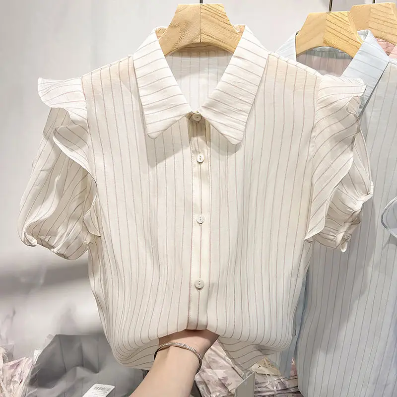 Korean Temperament Lapel Collar Striped Ruffles Patchwork Chiffon Tops Women Summer Thin Style Short Sleeved All-match Shirt