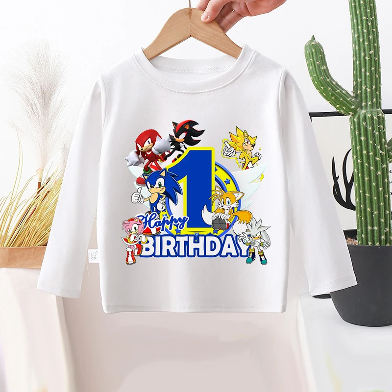 Sonics Children's Long Sleeved T-shirt Cute Number Printed Cartoon Boys Clothes Cotton Round Neck Toddler Fashion Birthday Tops