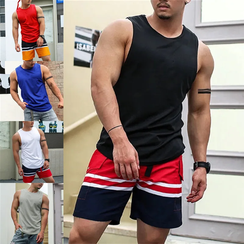 

Summer New T-shirt Bodybuilding Muscle Tank Men's O-neck Solid Color Casual Sports Sleeveless Shirt Male Workout Fitness Tops