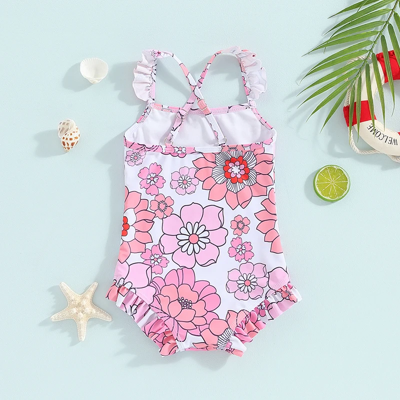 Little Girl  Toddler Pink Floral Camisole Swimsuit with Floral Print Strap Beachwear Sleeveless Ruffled Summer Beach Swimsuit