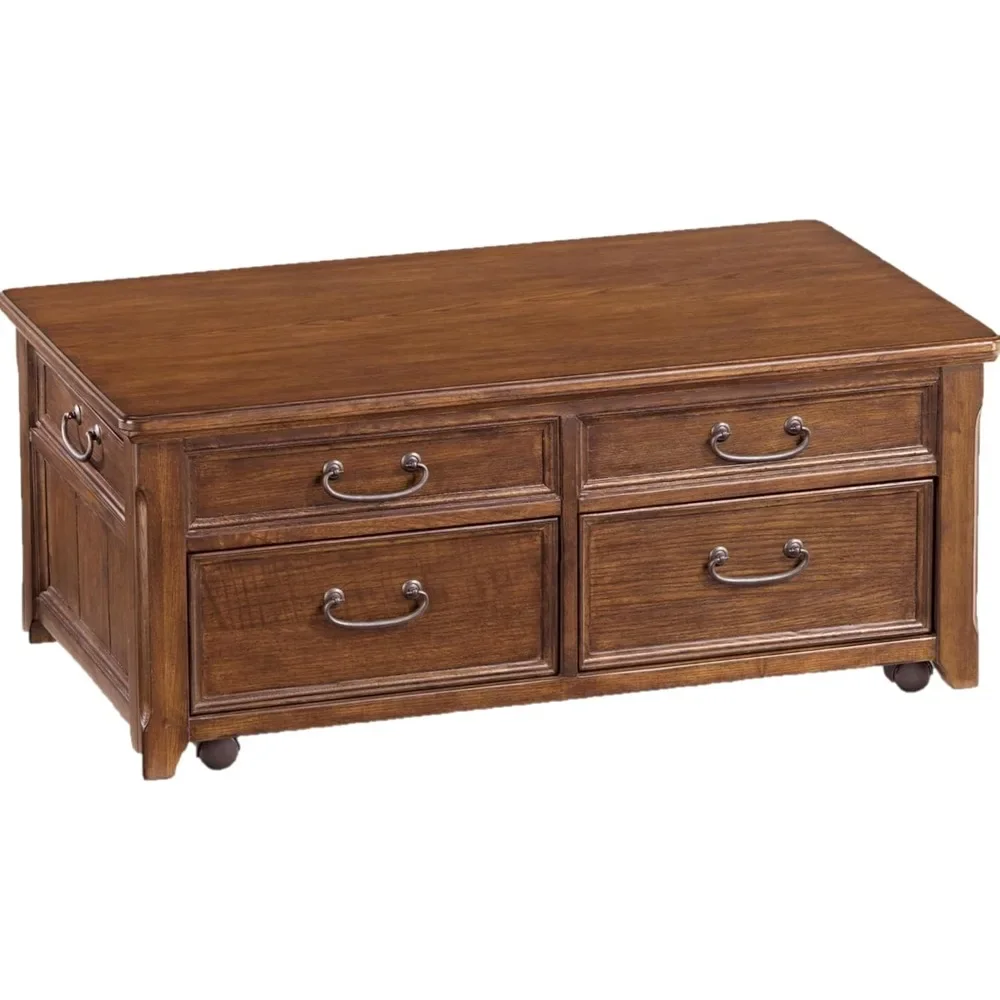 Traditional Rectangular Lift Top Coffee Table with 4 Drawers and Easy Movement Casters