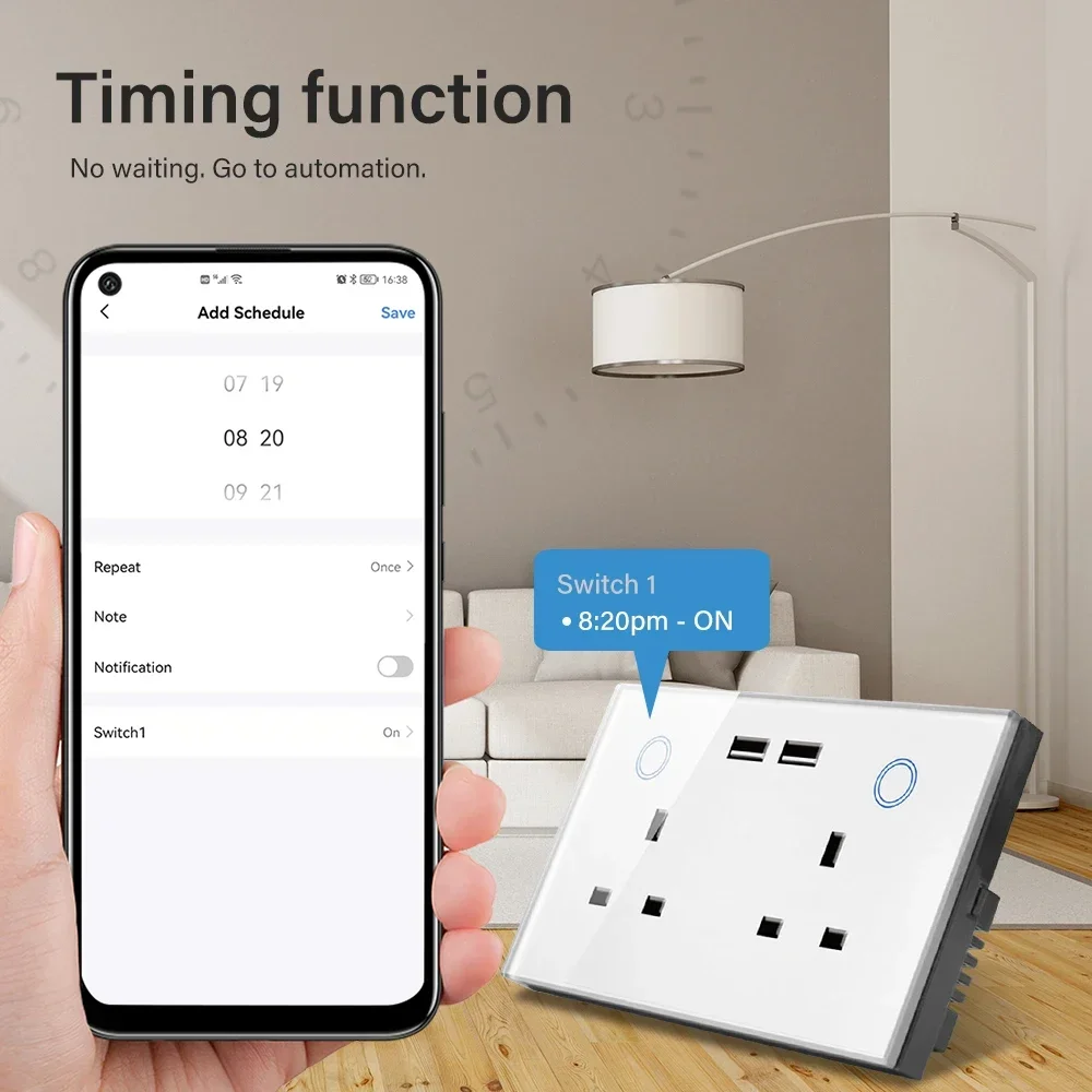 Imagem -03 - Personalizado Smart Home Wifi Tomada de Parede uk Toque Interruptor Usb Dupla Tomada de Energia Elétrica Controle Remoto sem Fio Alexa Google