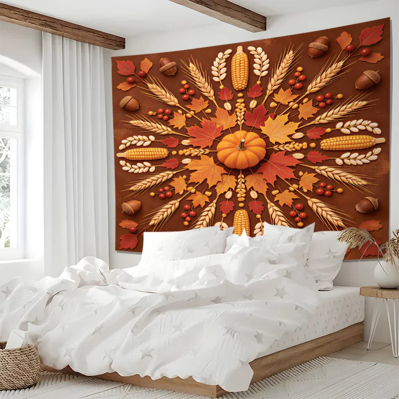 Pumpkin Harvest Digital Print Tapestry Wall Hanging Tapestries Wall Blanket Backdrop Decor, Maple Acorn Design for Bedroom Party