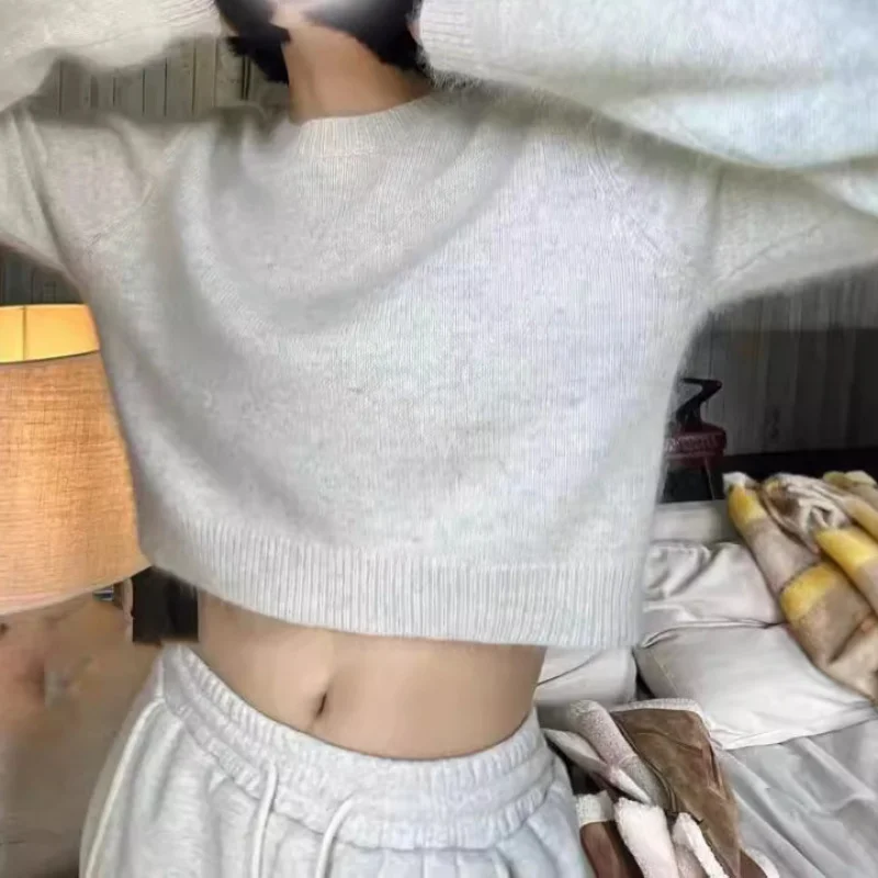 

European And American Style Autumn Winter Round Neck% Wool Sweater Women'S Short Loose Lazy Style Cashmere Knitted Base Shir