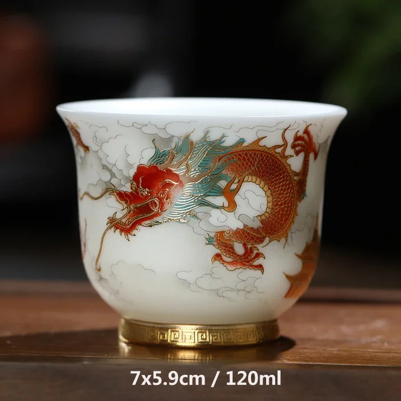Sheep Fat Jade Porcelain Tea Set High End Personal Master Cups Dragon and Phoenix Pairs Counter Mouthed Cups