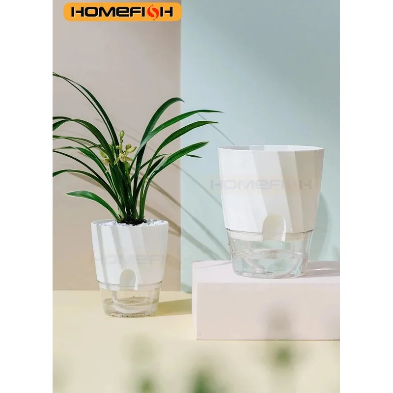 Transparent Double Layer Self Watering Planter, Automatic Water Absorbing Hydroponic Flower Pot for Office Decor