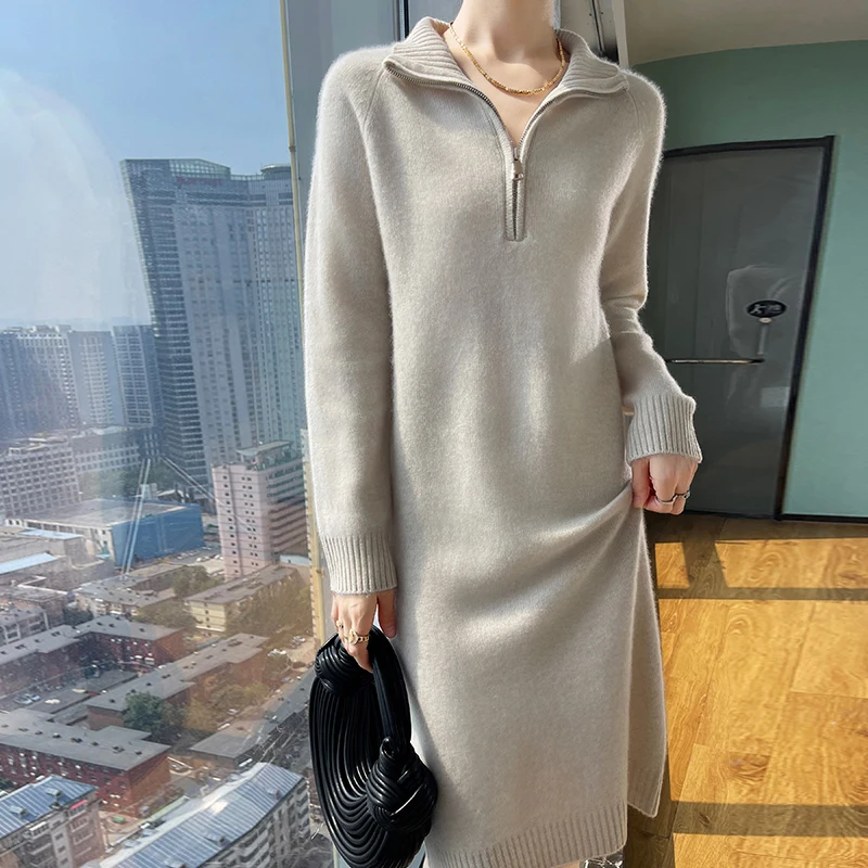 

Winter new women's sweater 100% pure sweater thickened high-necked semi-zipper pullover solid color long cashmere sweater top.