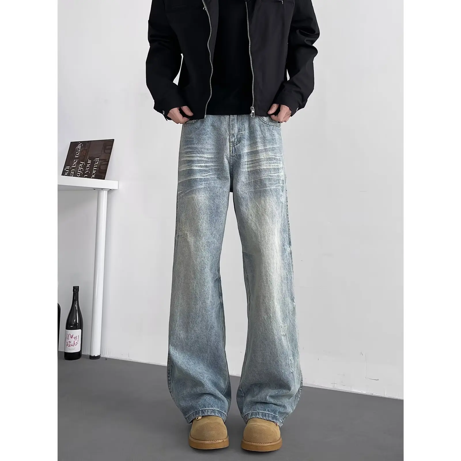 

Retro Waed Blue Men's Jeans Straight Leg Loose Fit Casual Jeans Spring Autumn Trendy Brand Cleanfit Bell Bot