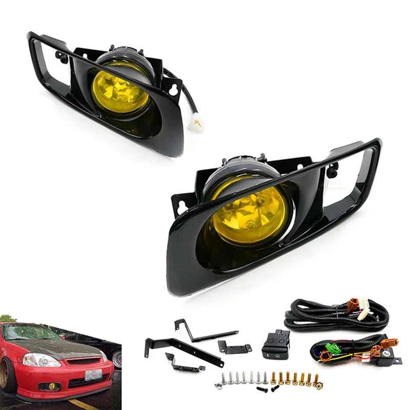 1 Pair Fog Lights Driving Lamps Amber Driving Bumper Fog Lights Lamps + Wiring Switch For Honda Civic 1999-2000