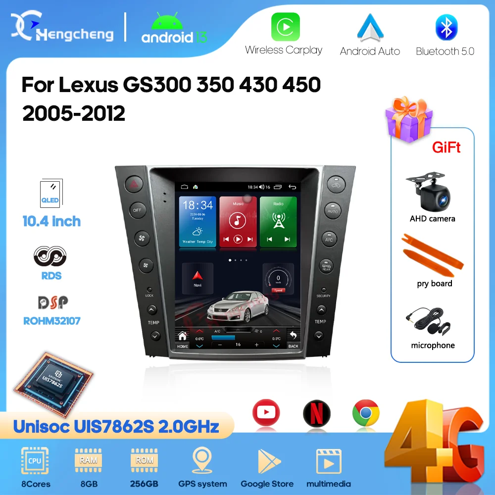 10.4 For Lexus GS300 350 430 450 2005-2012 Car Multimedia Video Player GPS Navigation Radio Android13 8core Carplay 4G 360camera