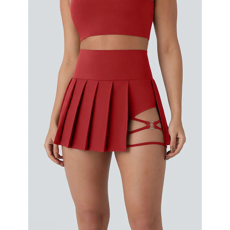 

Women Inside Safe Shorts Tennis Skirts Red Cross Bandage Running Sports Pleated Skirt Woman High Waist Fitness Yoga Mini Skirts