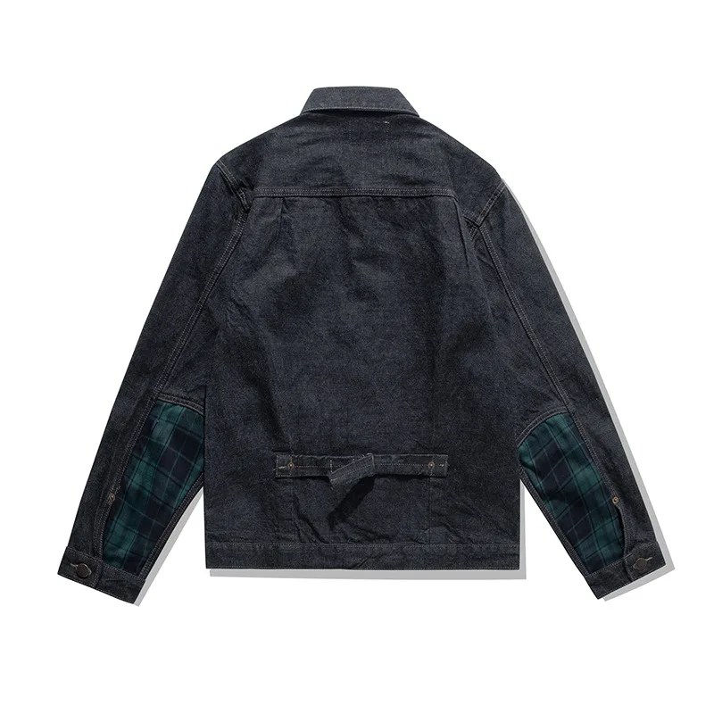 OKONKWO 15oz Heavyweight Original Color Red Ear Denim Jacket Men's Color Blocked Checkered Cloth Coat Outdoor College Stormsuit