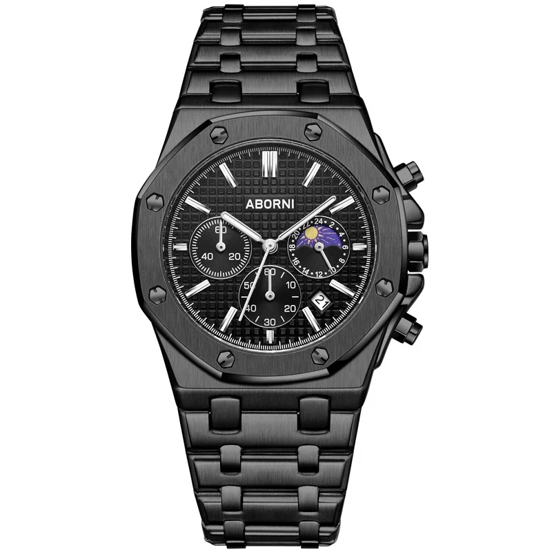 2025 ساعة رجالية جديدة من أفضل العلامات التجارية متعددة الوظائف مرحلة القمر الصلبة الفولاذ المقاوم للصدأ ساعة متعددة الوظائف ساعة رجالي