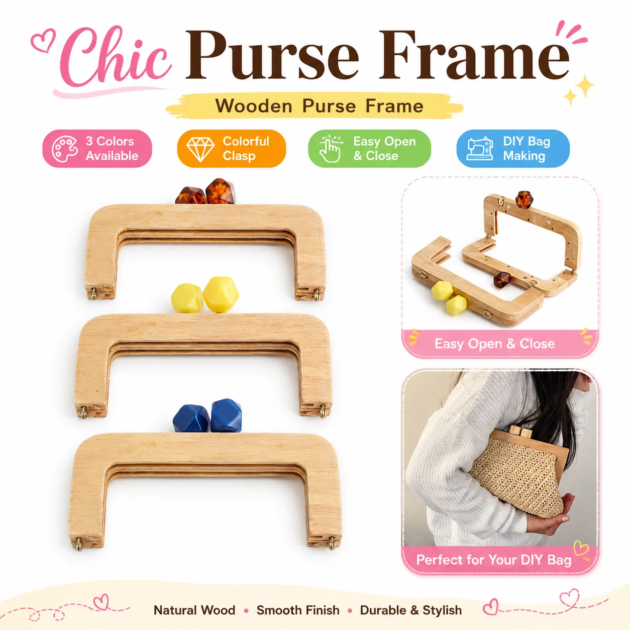 1/3/5Sets 19.6x8cm Nature Wooden Purse Frame For Handbag Kiss Lock Clutch With Shiny Candy Beads DIY Obag Handles Accessories