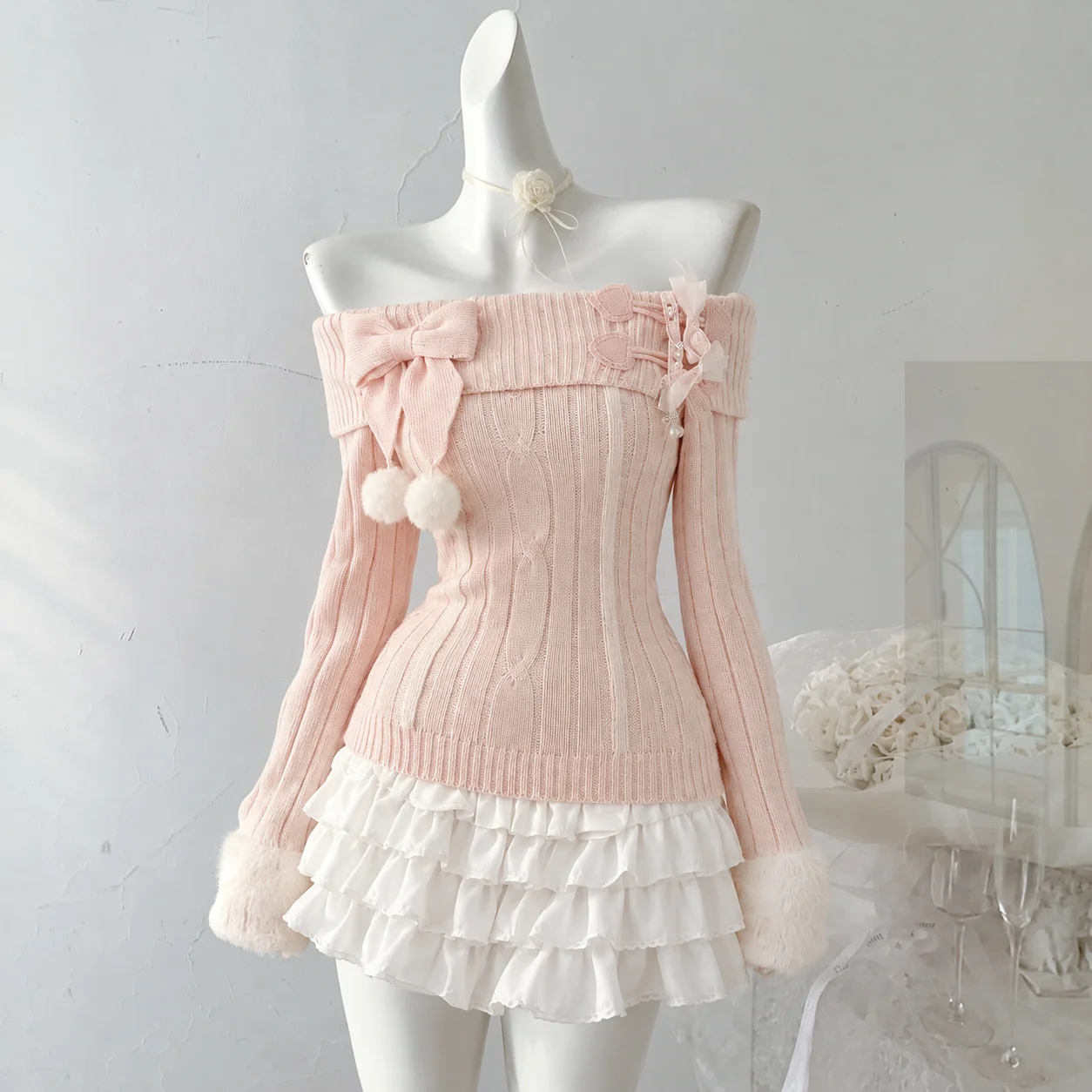 Y2k French Elegant Slim Sweet Solid Sweaters 2000s Harajuku Vintage Bow Slash Neck Pullovers Jumpers Japan High Street Sweaters