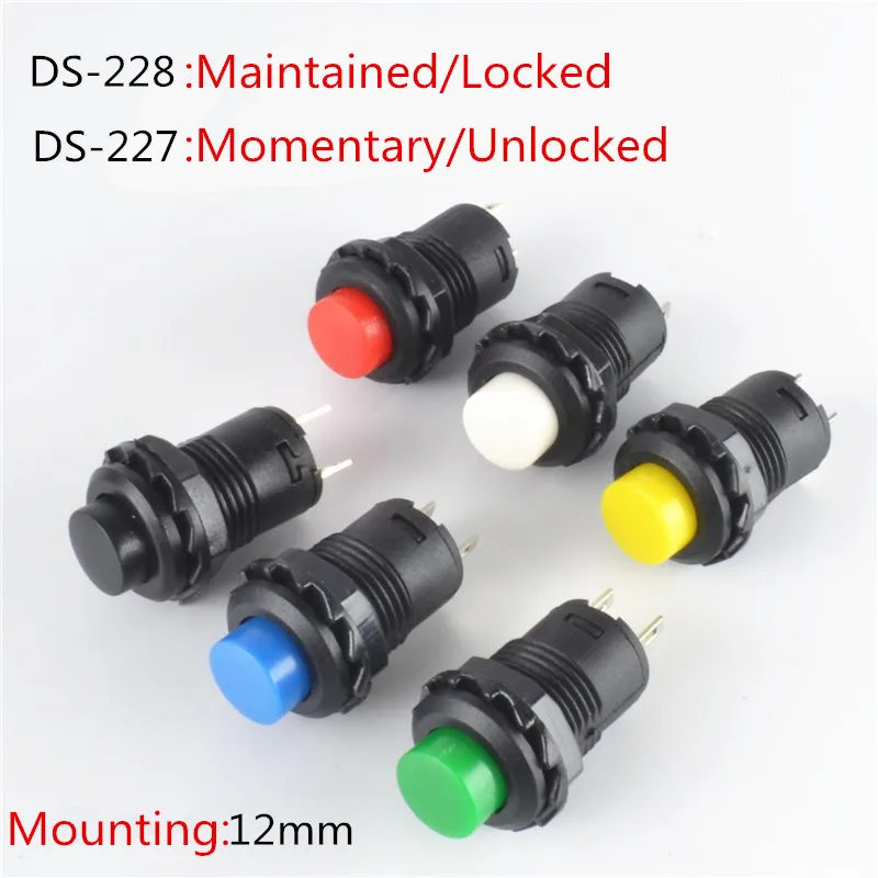 

30 шт., 12 мм, блокировка с фиксацией, кнопочный переключатель ВЫКЛ-ВКЛ, фиксированная/мгновенная разблокировка, 3A/125 В переменного тока, 1,5 А/250 В переменного тока