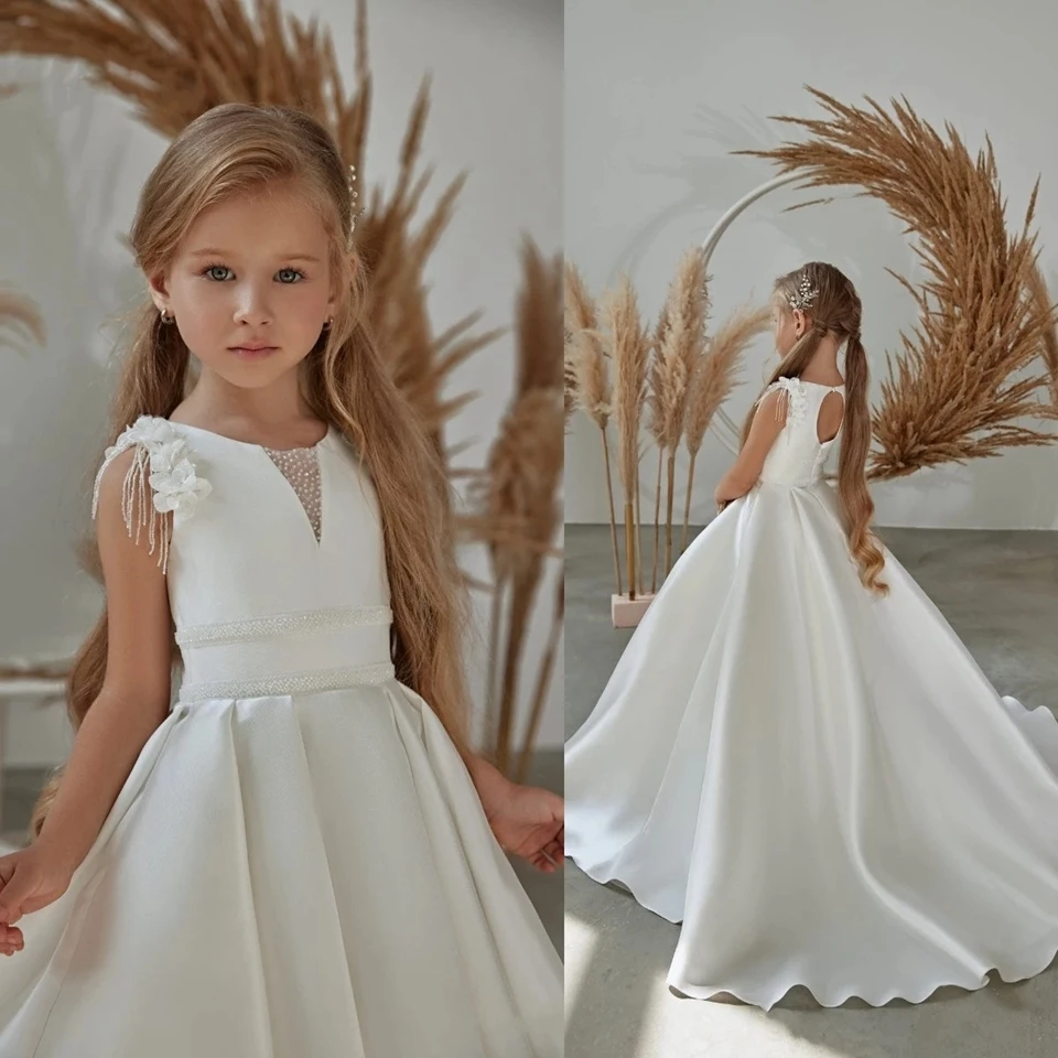 Vestido blanco Simple para niña de las flores para bodas, flores 3D, satén con cuentas, línea A, bata larga para desfile de cumpleaños, vestido de primera comunión