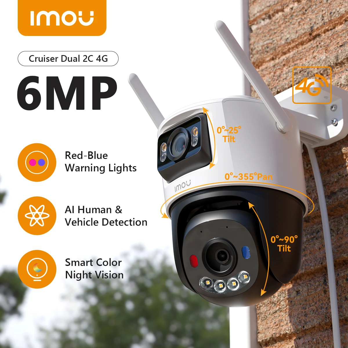 IMOU Cruiser Dual 2C 4G 6MP WLAN-Kamera mit Personen- und Fahrzeugerkennung, IP66 wetterfeste Sicherheitskamera