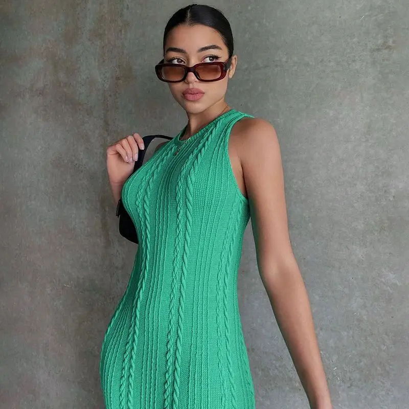 2024 Summer Smart Casual Knotted Knit Sleeveless Crew Neck Temperament Commuter Skirt Calf Length Dress