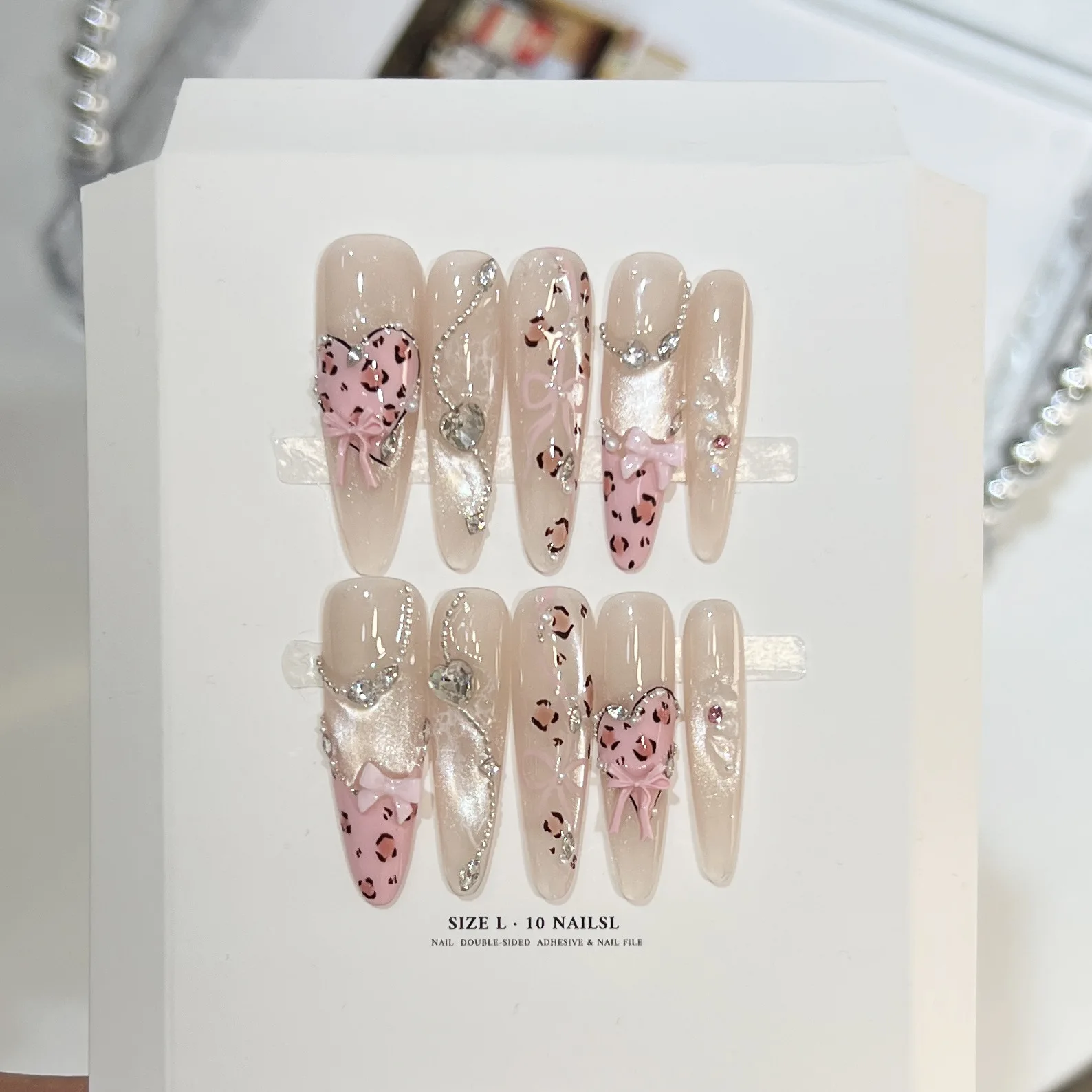 

10pc Handmade Press on Nails Leopard Print Sweet Wind Gentle Bow Cat Eye Pink French Nail Art Wearable Detachable Nail Tips