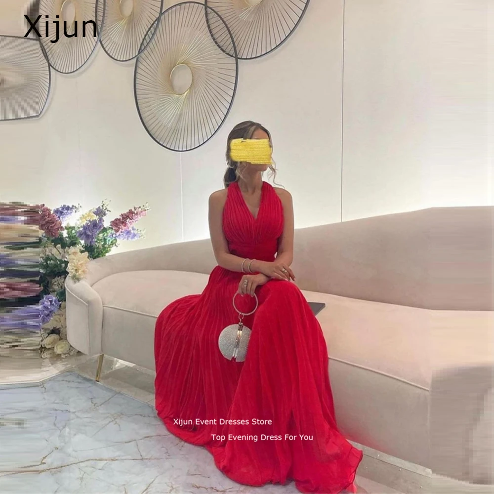 Romantic Red Modest Evening Dress Chiffon Prom Dress Saudi Arabic Sleeveless V-Neck For Women Prom Gowns Sexy 2022 A-Line Party