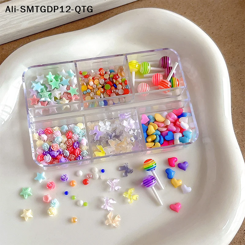 

6 Grid Colorful Love Rose Resin Nail Art Charms Nail Bow Flakes Sequins Decoration Manicure Accessories Nail Salon Supply DIY