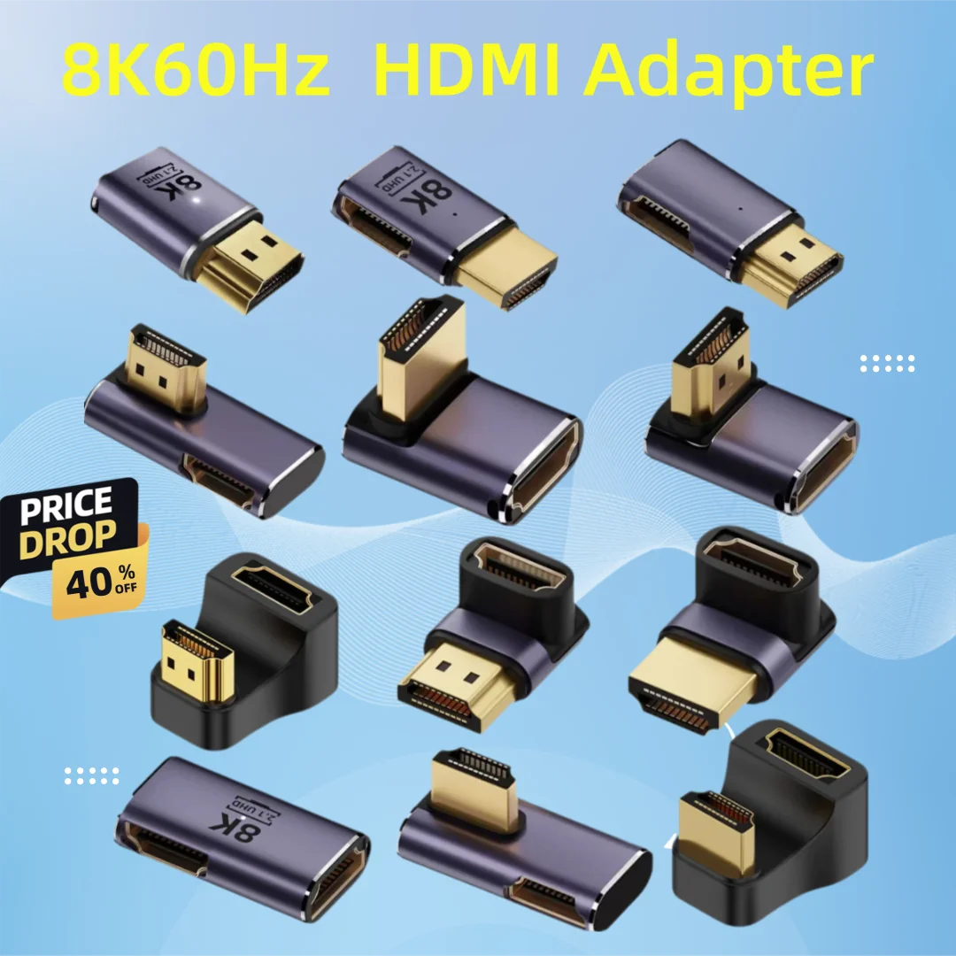 1Pcs HDMI 2.1 Adapter 8K 60Hz Male to Female Side Bending Right Angle Left and Right Bending Extension High-Definition Adapter