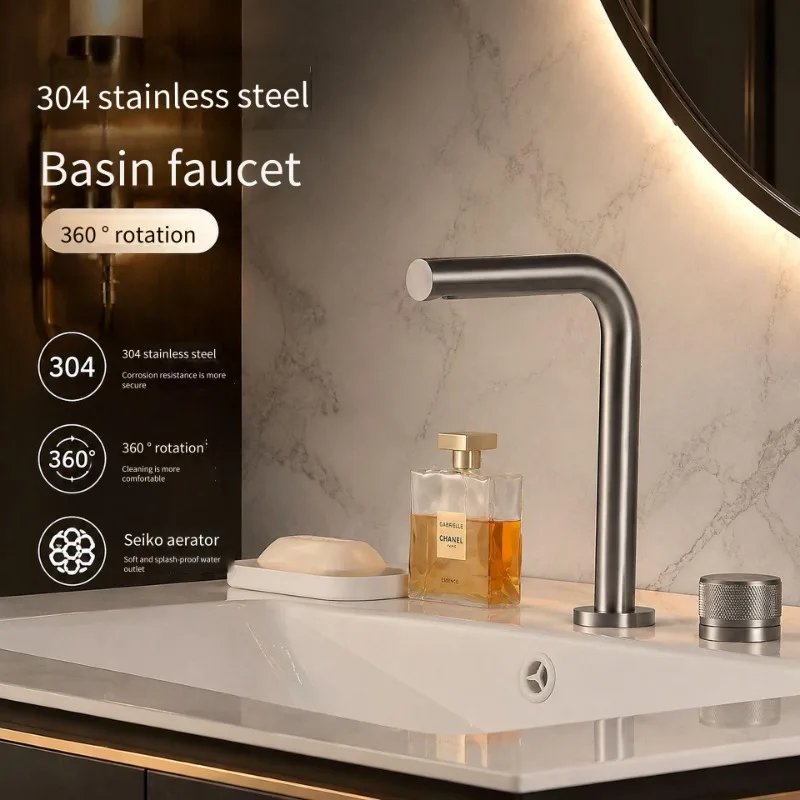 Basin Faucet 304 Stainless Steel Hot and Cold Double Hole Split 360 Rotating Cross-border Bathroom Basin Faucet