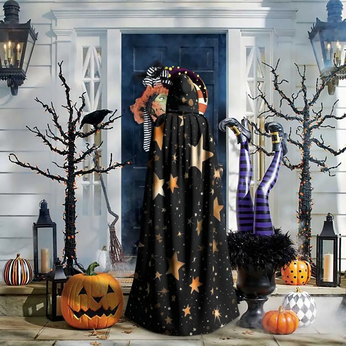 الأزرق الداكن السماء والنجوم طباعة طويلة مقنعين عباءة الساحرة القرون الوسطى زي تأثيري كيب HalloweenParty الكبار للجنسين