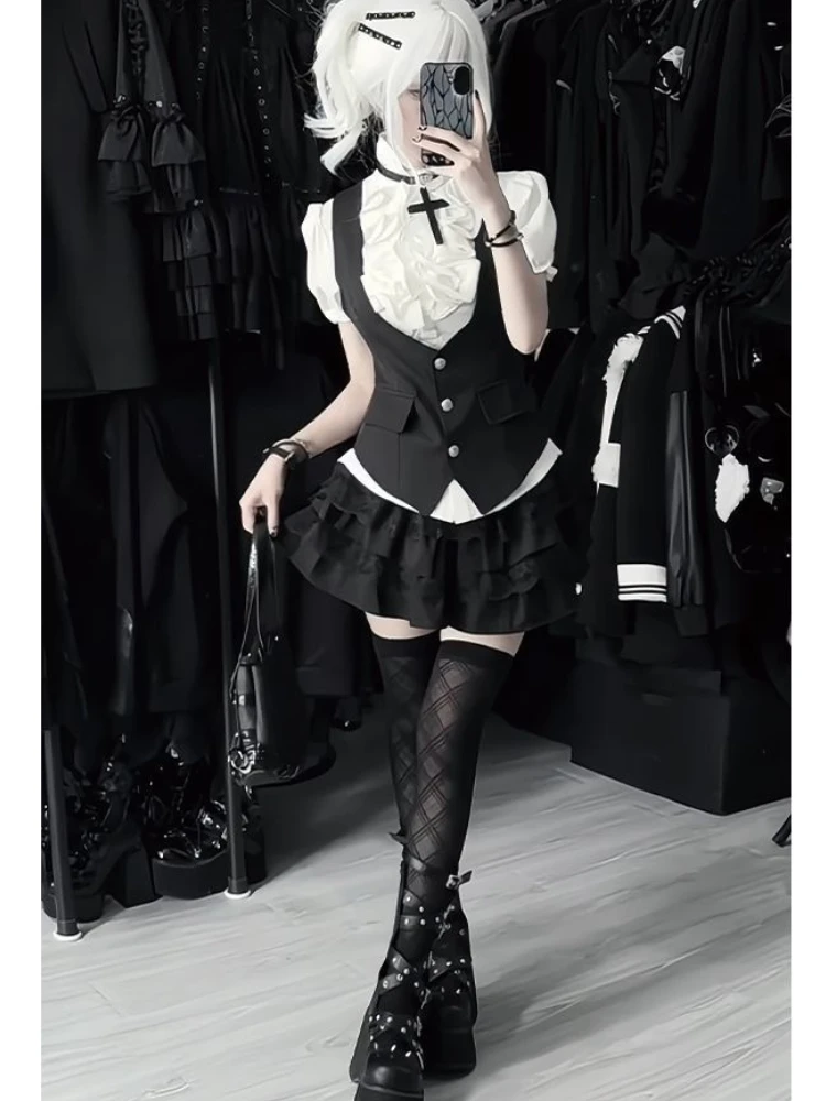 2000s Aesthetic Elegant Woman 3 Piece Set Gothic Retro Black Vest + Ruffle Chic Blouse + Cake Skirt Female Korea Fashion Outfits