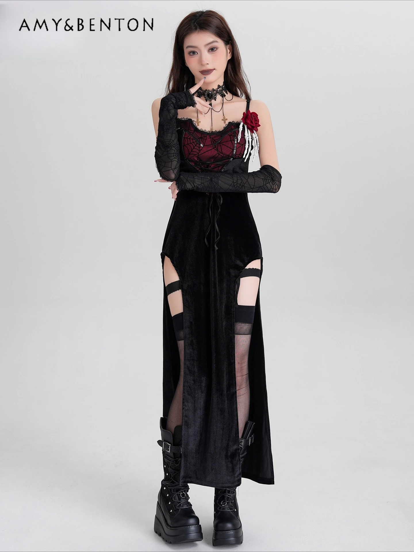 

Summer New Hot Sale Gothic Style Women's Ball Gown Sexy Slit Black Red Patchwork Velvet High Waist Slim Fit Long Strap Dress