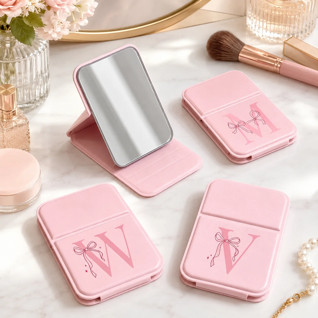 Personalized Initial Foldable Compact Mirror, Pink Bow Portable Makeup Vanity Stand for Women Girls Travel Gift