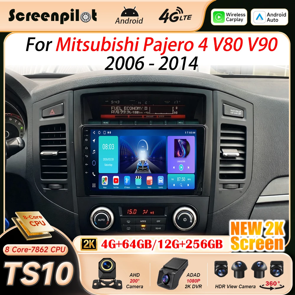 Android 16 Car Radio Stereo For Mitsubishi Pajero 4 V80 V90 2006 2007 - 2014 2K QLED Multimidia Player GPS Carplay Android Auto