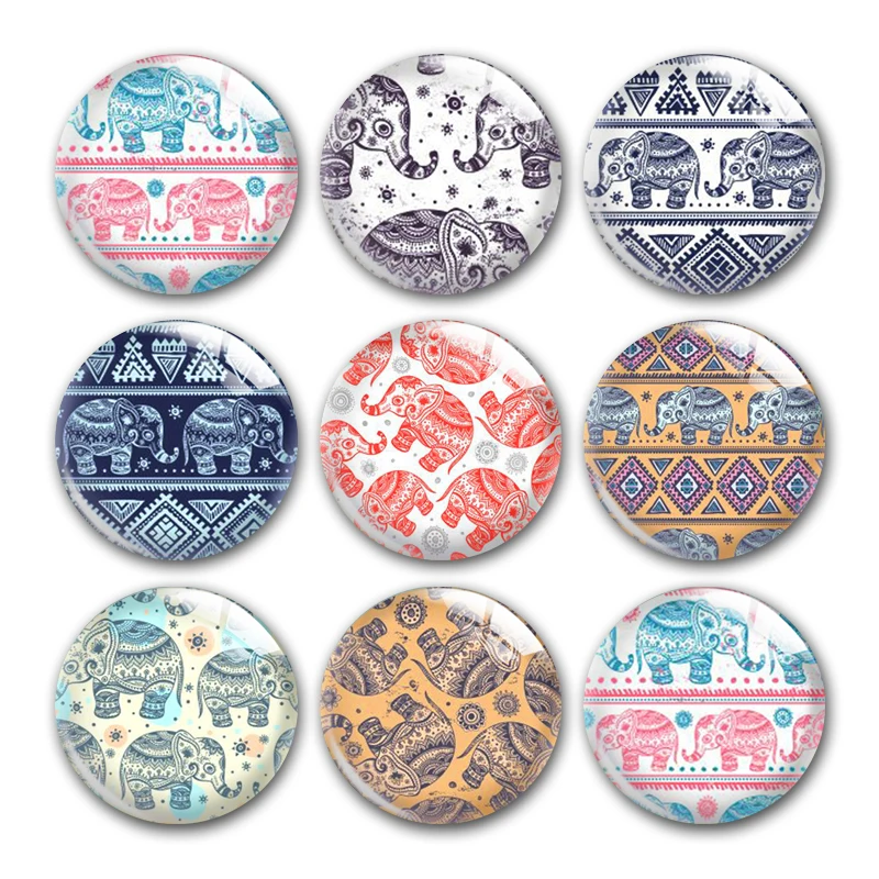 Africa Elephant Tribe Geometric Pattern Round Photo Glass Cabochon Demo Flat Back For DIY Jewelry Making Finding Snap Button