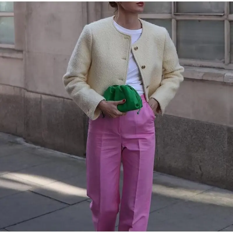 Spring and Autumn Women's Clothing Small Fragrance Style Solid Color Woolen Elegant Round Neck Jacket Jacket Top