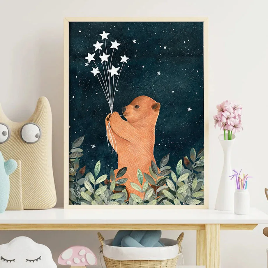 Woodland Forest Animals Night Sky Wall Art Bear and Moon Poster Fox Deer Sleeping Illustration Canvas Painting Kids Room Decor