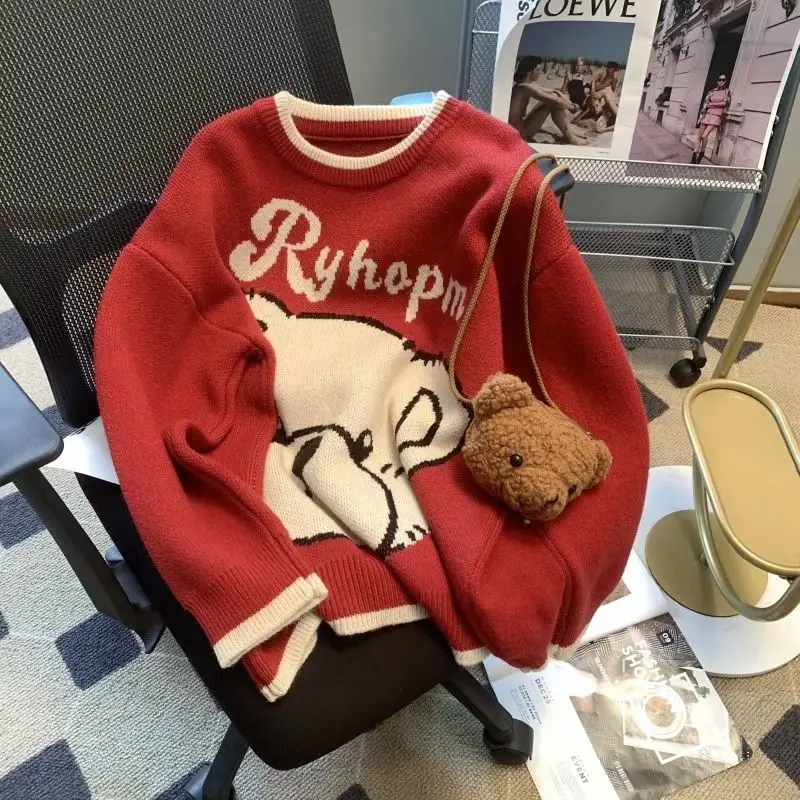 

Retro cartoon bear design round neck sweater for men and women, casual loose and versatile, lazy style thickened sweater y2k top